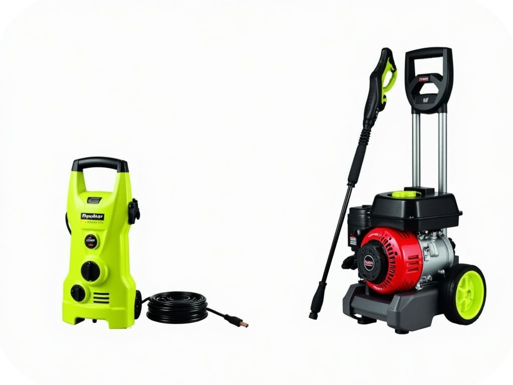 Electric and gas power washers side by side.