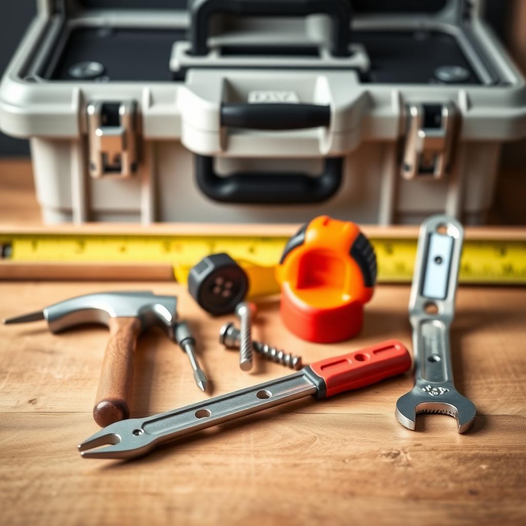 A tidy workbench displaying essential DIY tools like a hammer, screwdriver, tape measure, level, and wrench.