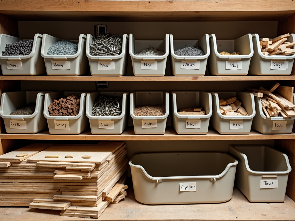 Organized storage shelves with labeled bins.