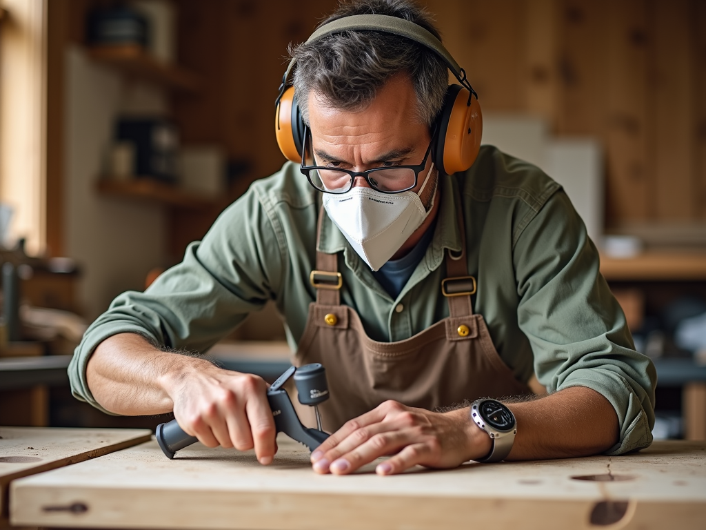 Wood Ethnographer with safety gear cutting wood