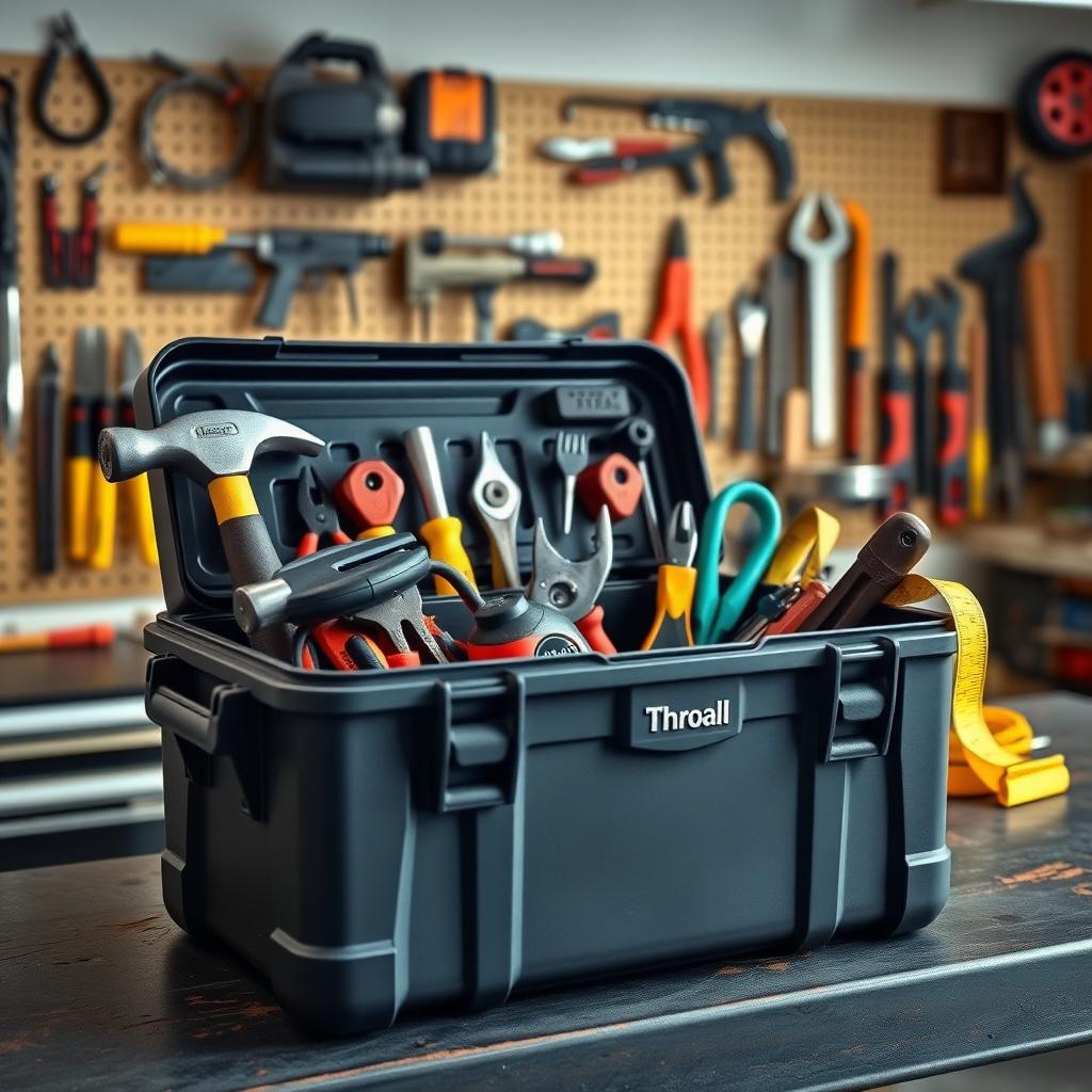 A portable toolbox with organized tools on a workbench in a garage, with a pegboard of tools in the background.