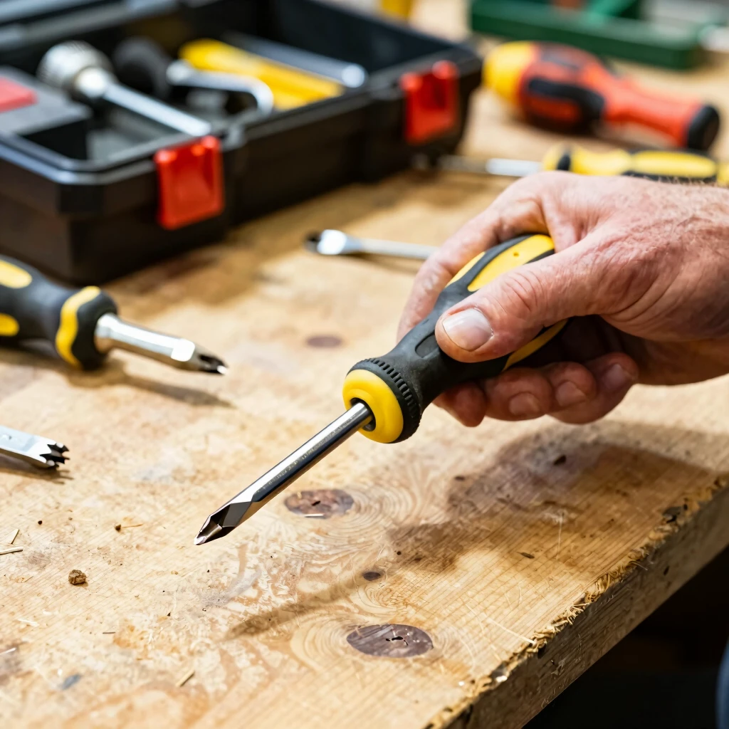 Hands safely handling ergonomic workman tools and electrical tools in a workshop