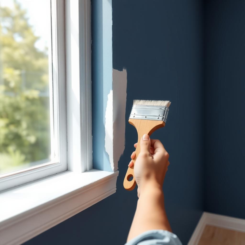 Painter using an angled sash brush to apply paint along a wall’s edge near a window.