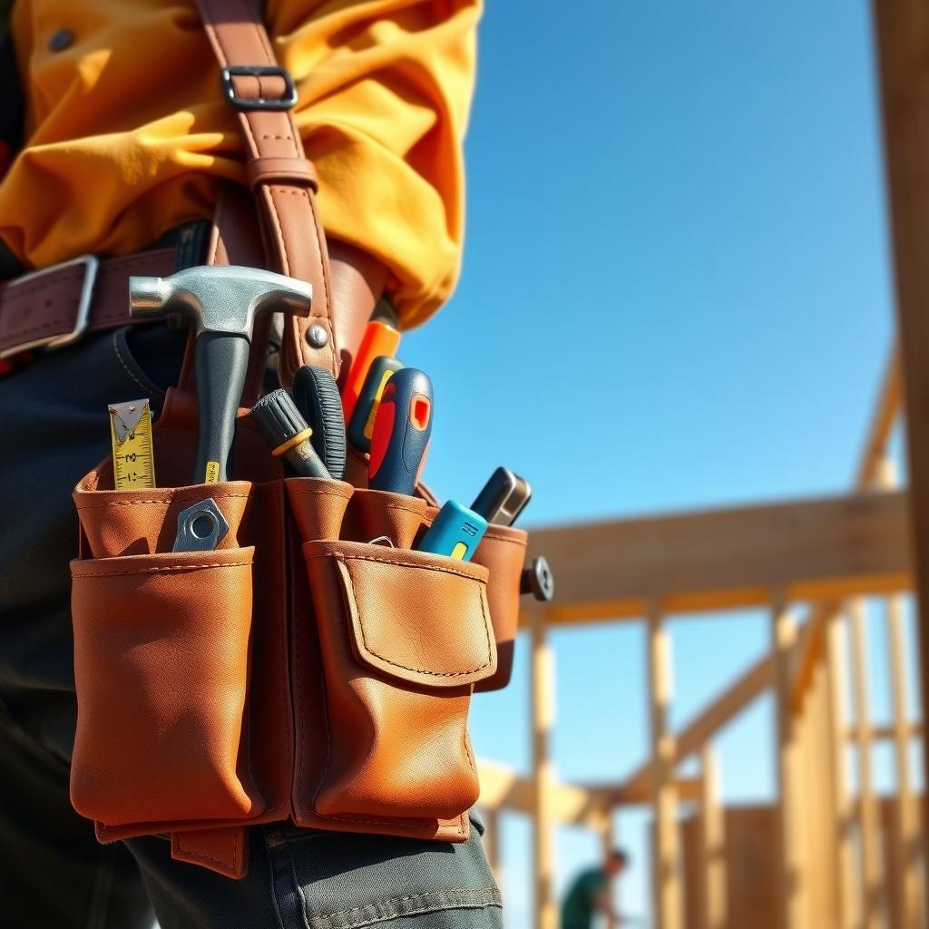 Carpenter wearing a leather tool belt with tools on a construction site