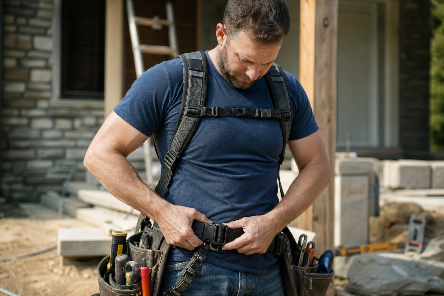 Worker properly adjusting ergonomic tool belt for back protection