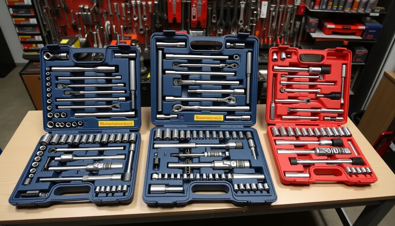 Different types of socket sets on workbench