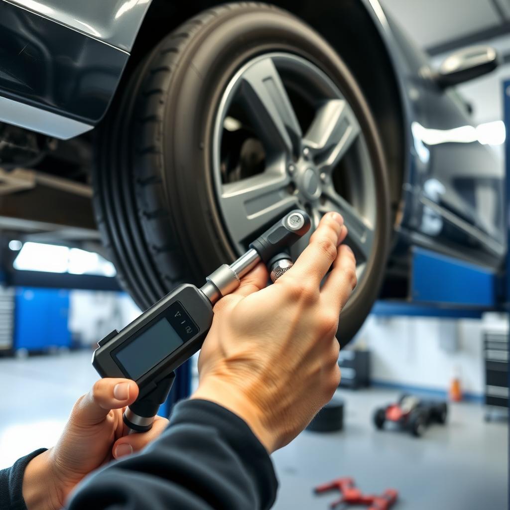 Mechanic using a torque wrench to tighten a lug nut on a car wheel in a garage.