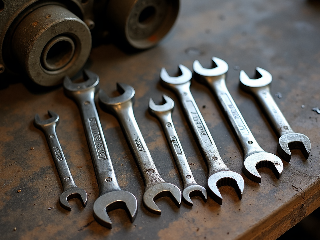 Assorted wrenches on a workbench with car part