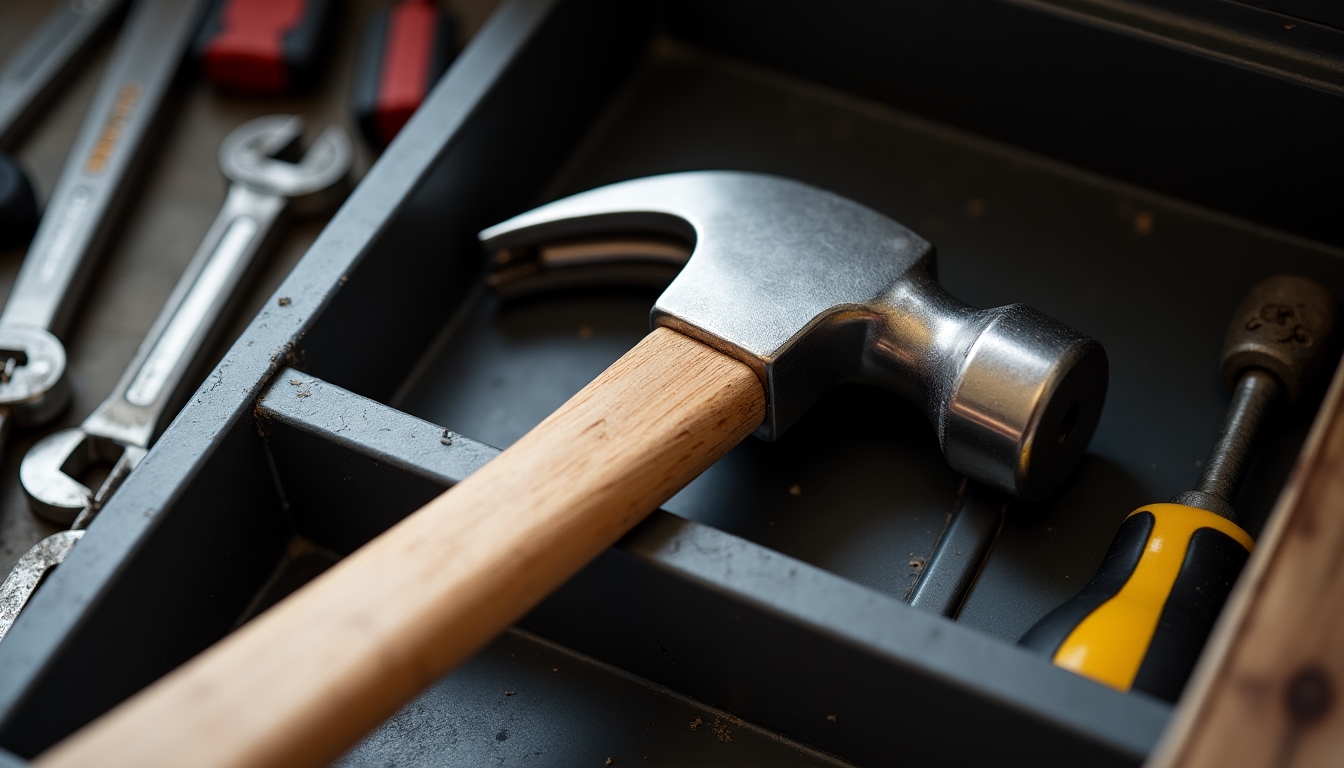 A clean, well-maintained hammer stored in a dry toolbox