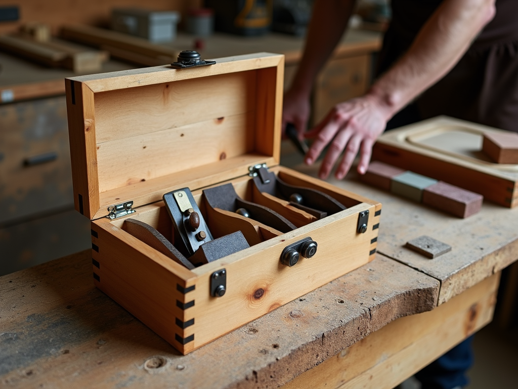 Wooden toolbox with organized sharpening tools