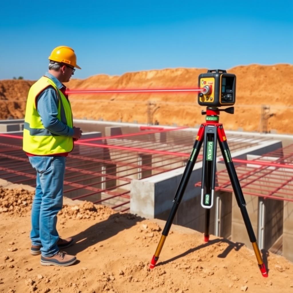 Construction worker using a laser level on a foundation site