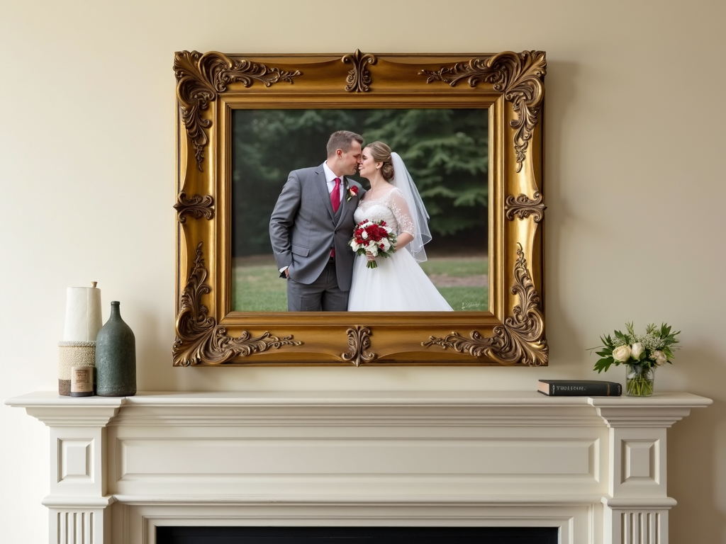 A gold wooden picture frame with a wedding photo above a fireplace.