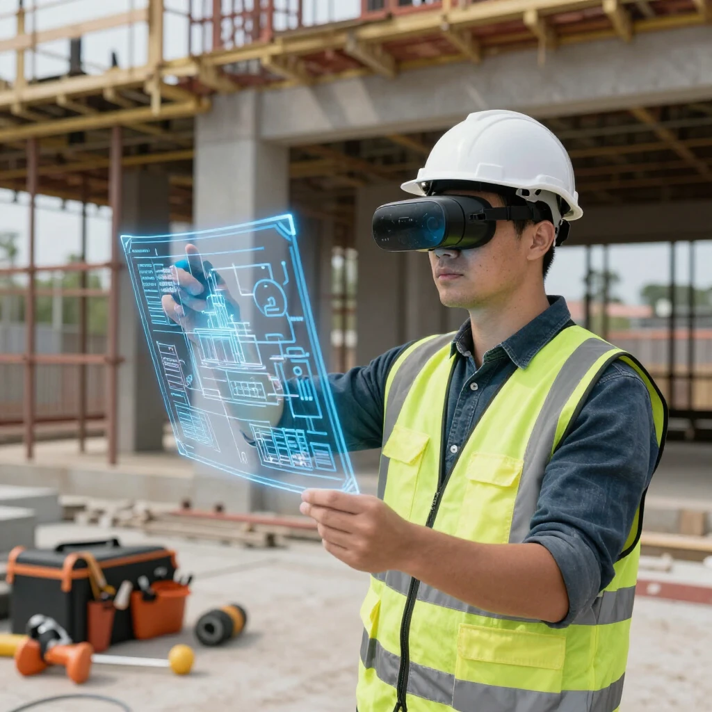 Construction worker using AR headset to overlay digital blueprints on the job site