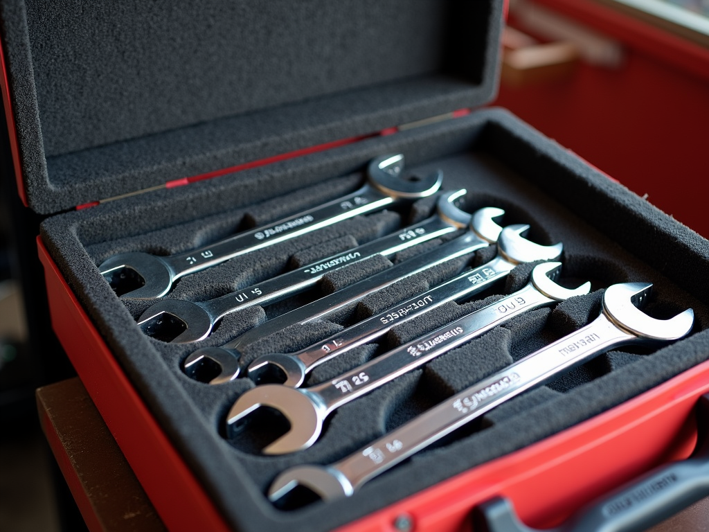 A toolbox with a foam insert protecting a set of wrenches.