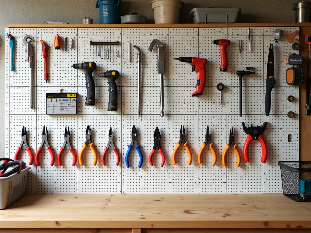 A pegboard efficiently organizing tools in a small workshop.