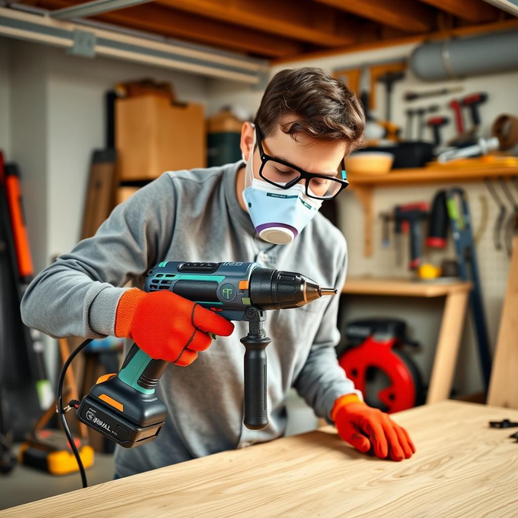 A DIYer in safety gear using a cordless drill on a wooden board in a tidy garage workshop.