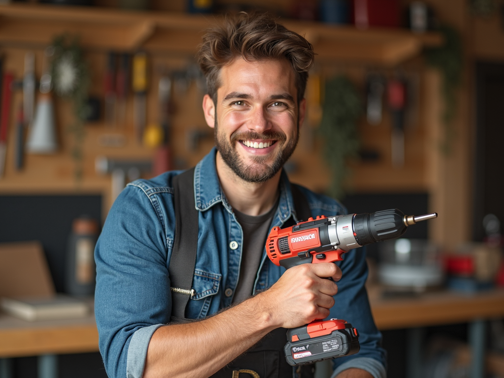 A DIY enthusiast preparing to use a power drill in a workshop.