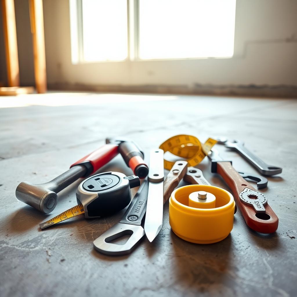 A collection of essential construction tools on a concrete floor.