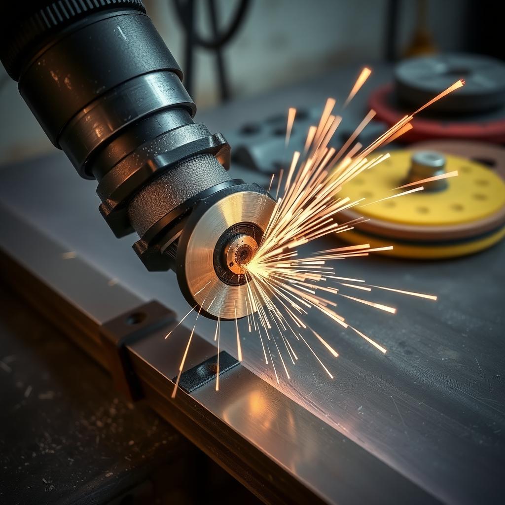 Close-up of a rotary tool cutting a metal sheet with sparks, surrounded by various accessories on a workbench.