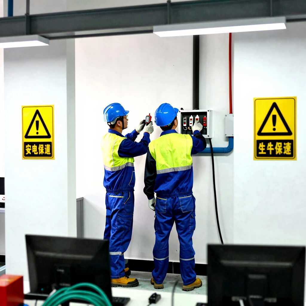Two electricians demonstrating safe teamwork on electrical work