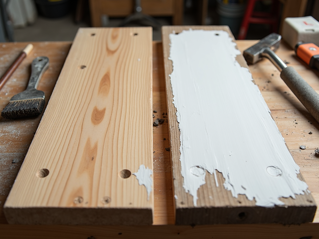 Comparison of a prepped and unprepped wooden board after painting.