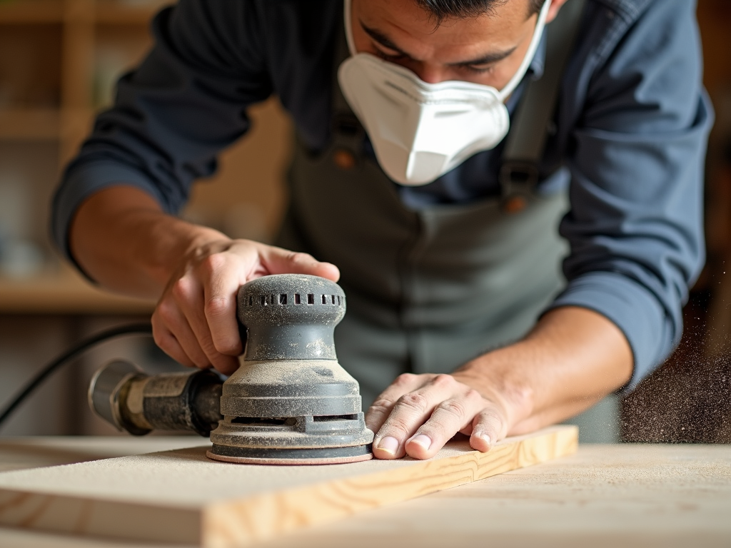 Person with dust mask sanding wood