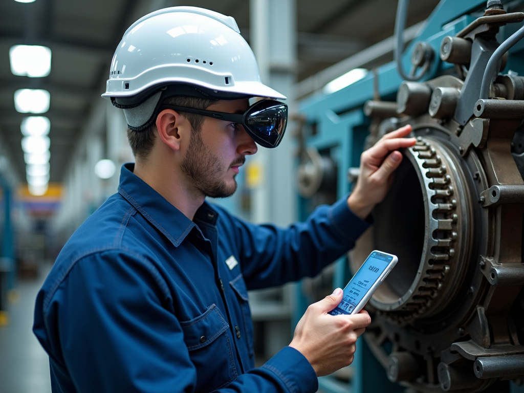 Technician using smart helmet with AR display