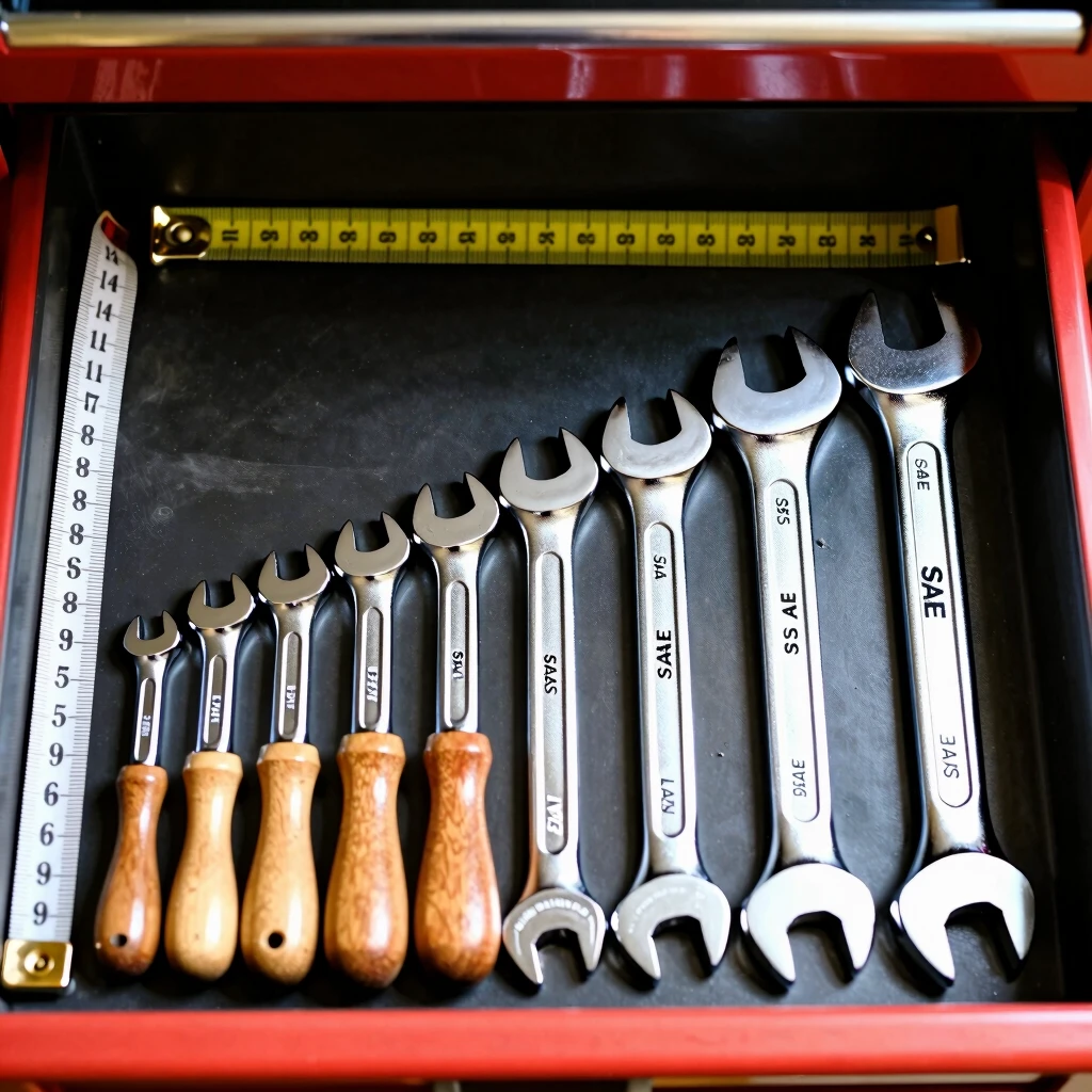 Organized toolbox drawer showcasing wrench sizes