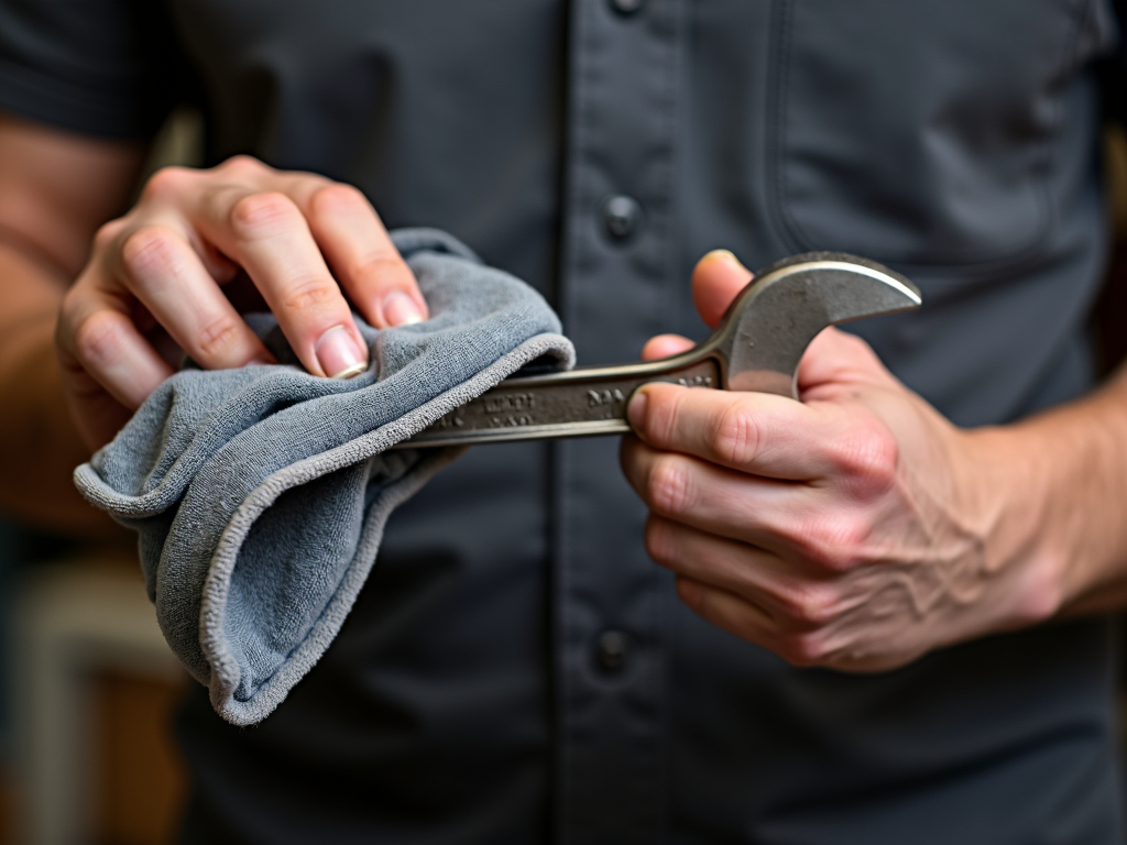 Cleaning a wrench to maintain its condition.
