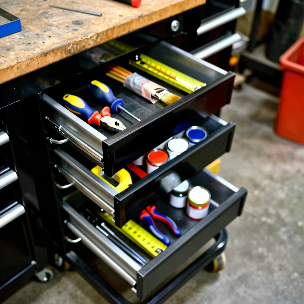 Rolling tool cart with organized drawers for painting tools and workman tools