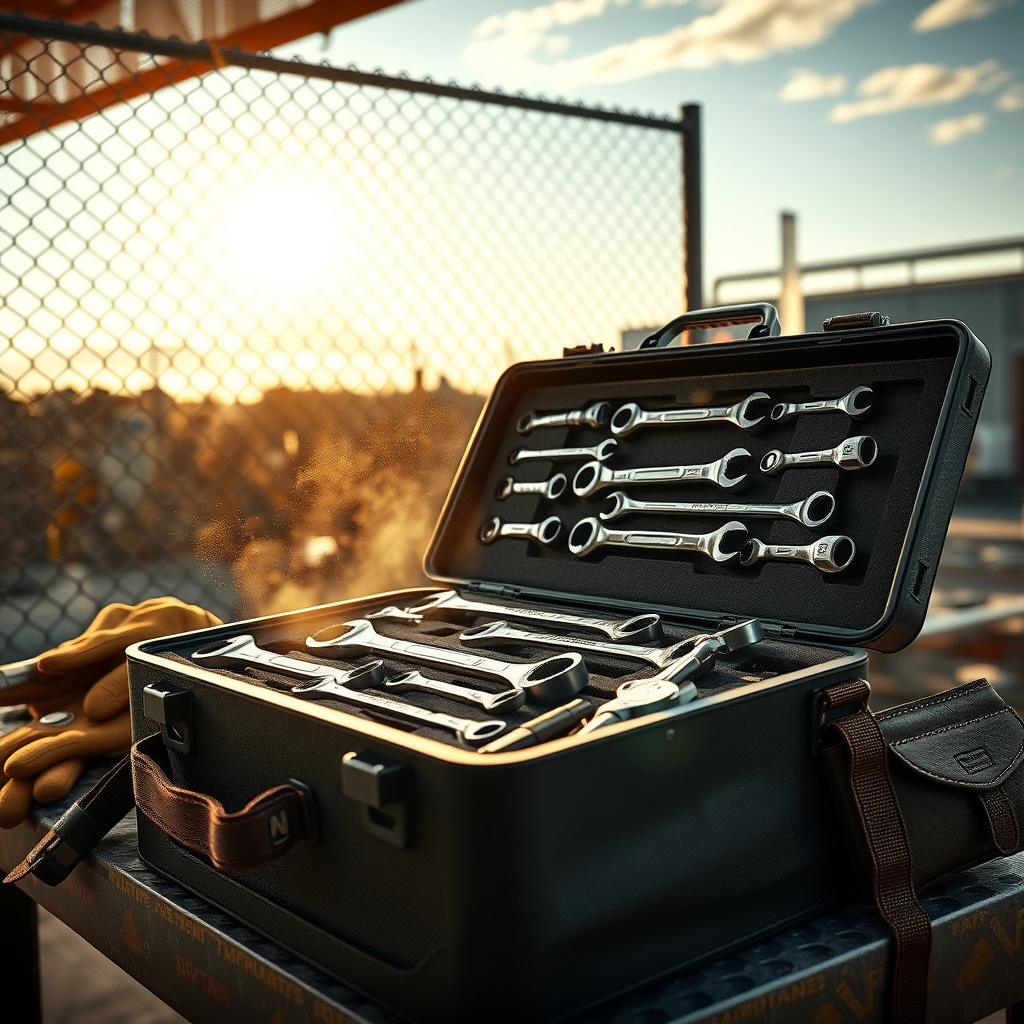 Well-organized wrench set inside a durable toolbox on site