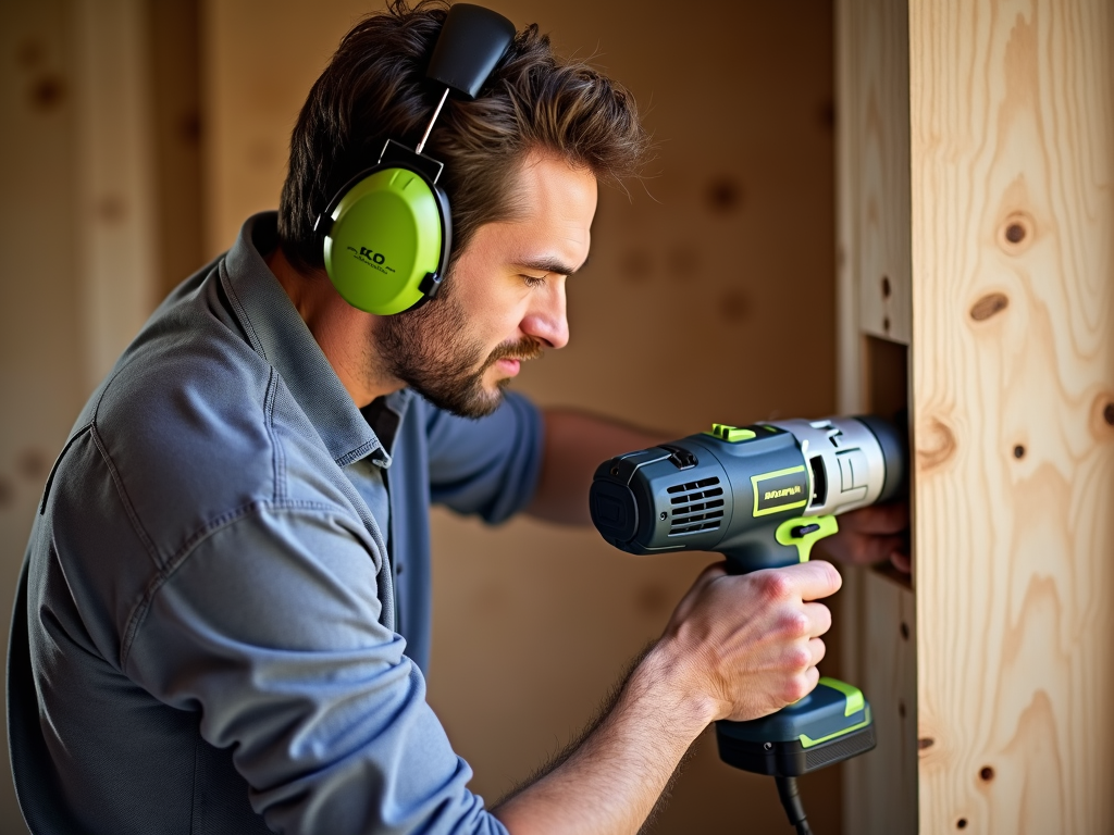 DIYer wearing earmuffs while using a loud power tool.