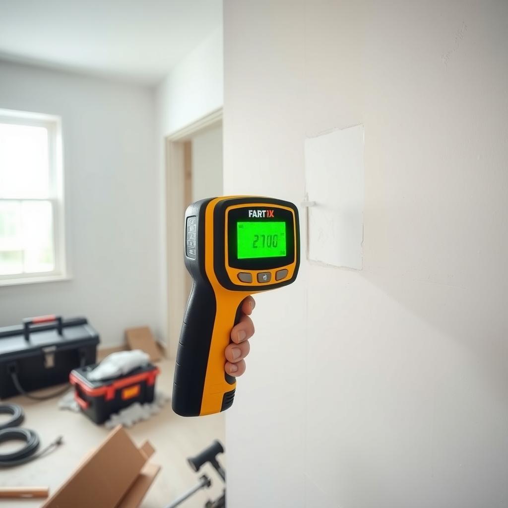 A digital stud finder on a drywall surface in a construction room.
