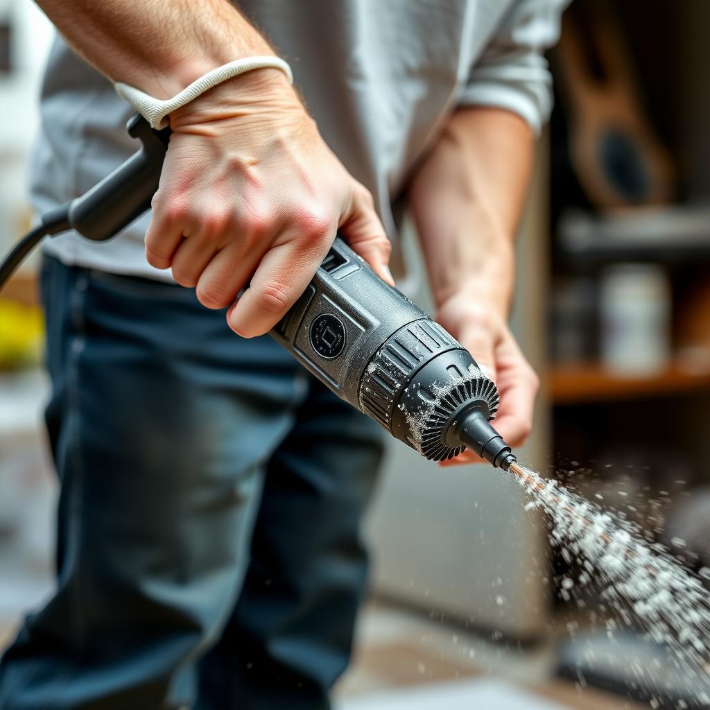 A person using a soft cloth to clean a drill.