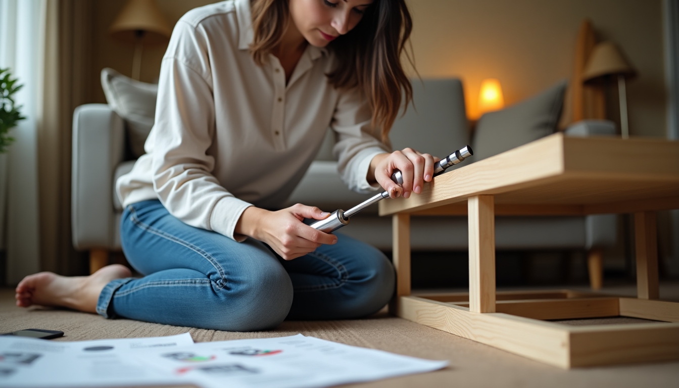 Homeowner assembling furniture with socket set