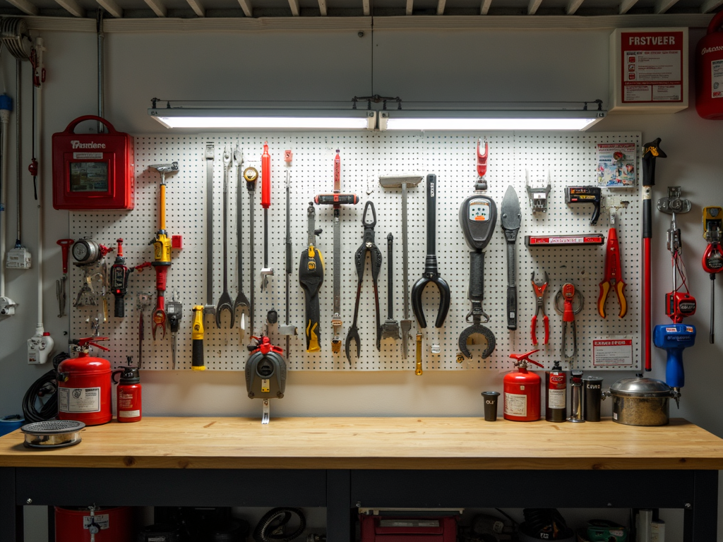 Well-organized and well-lit workshop with safety equipment