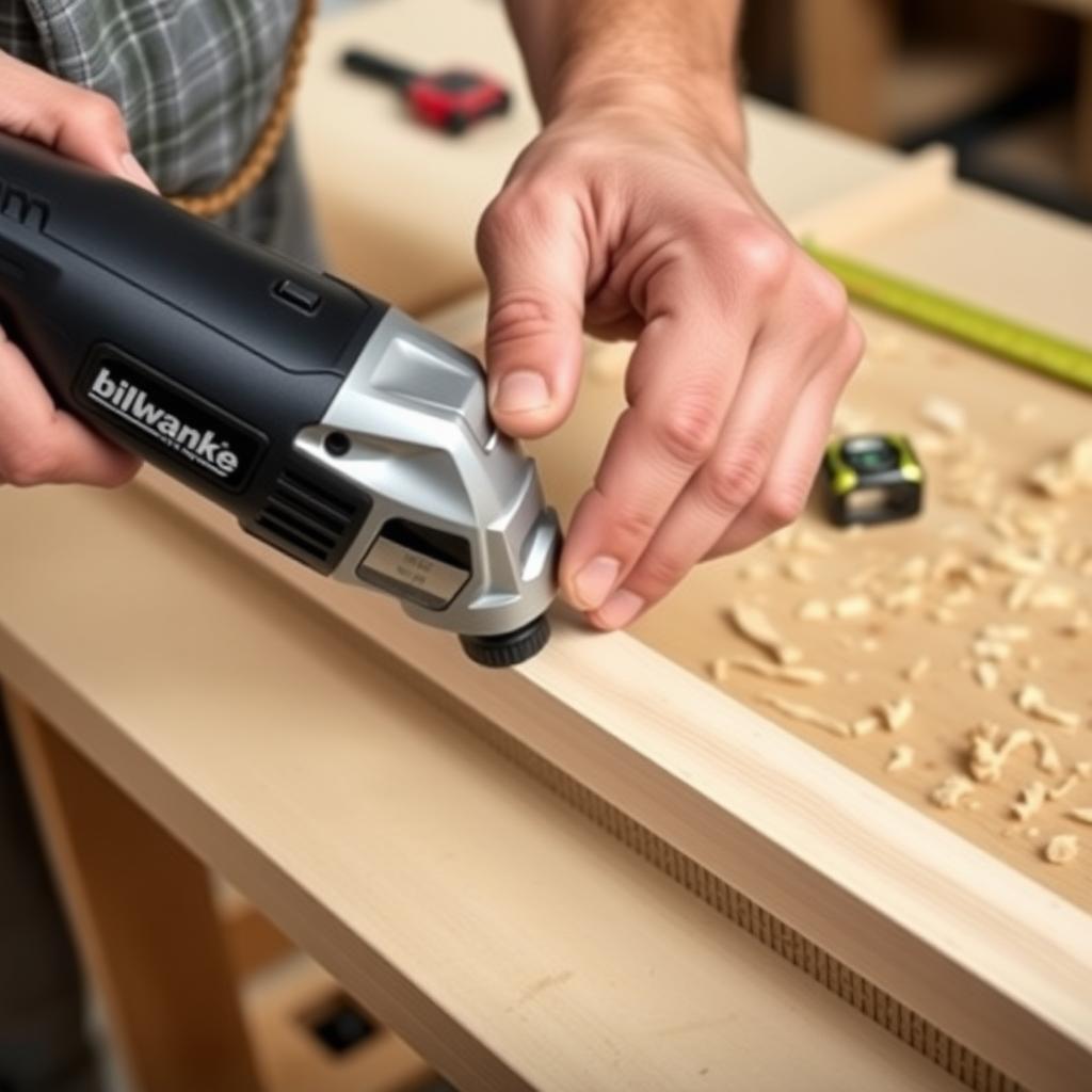 Worker using an ergonomic oscillating multi-tool to cut wood on a workbench.
