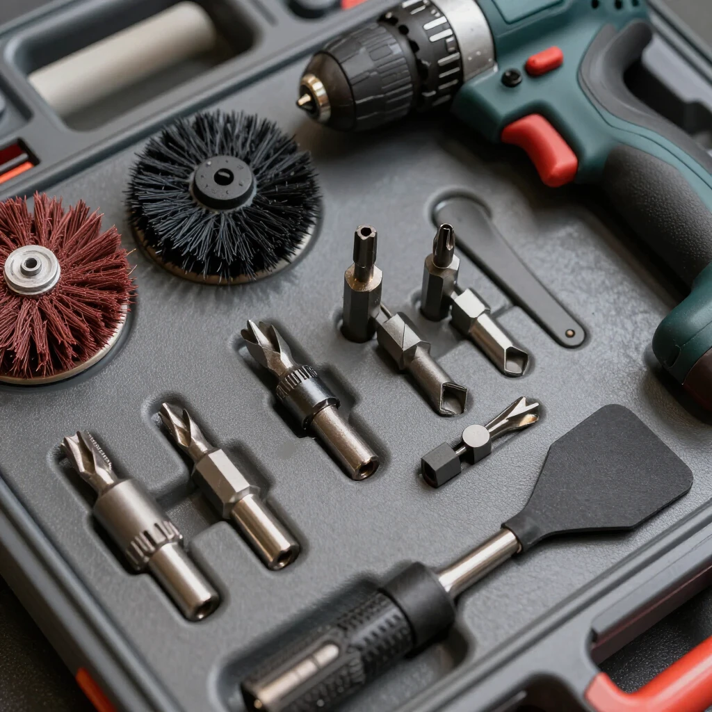 Collection of power drill attachments and accessories in a tool case