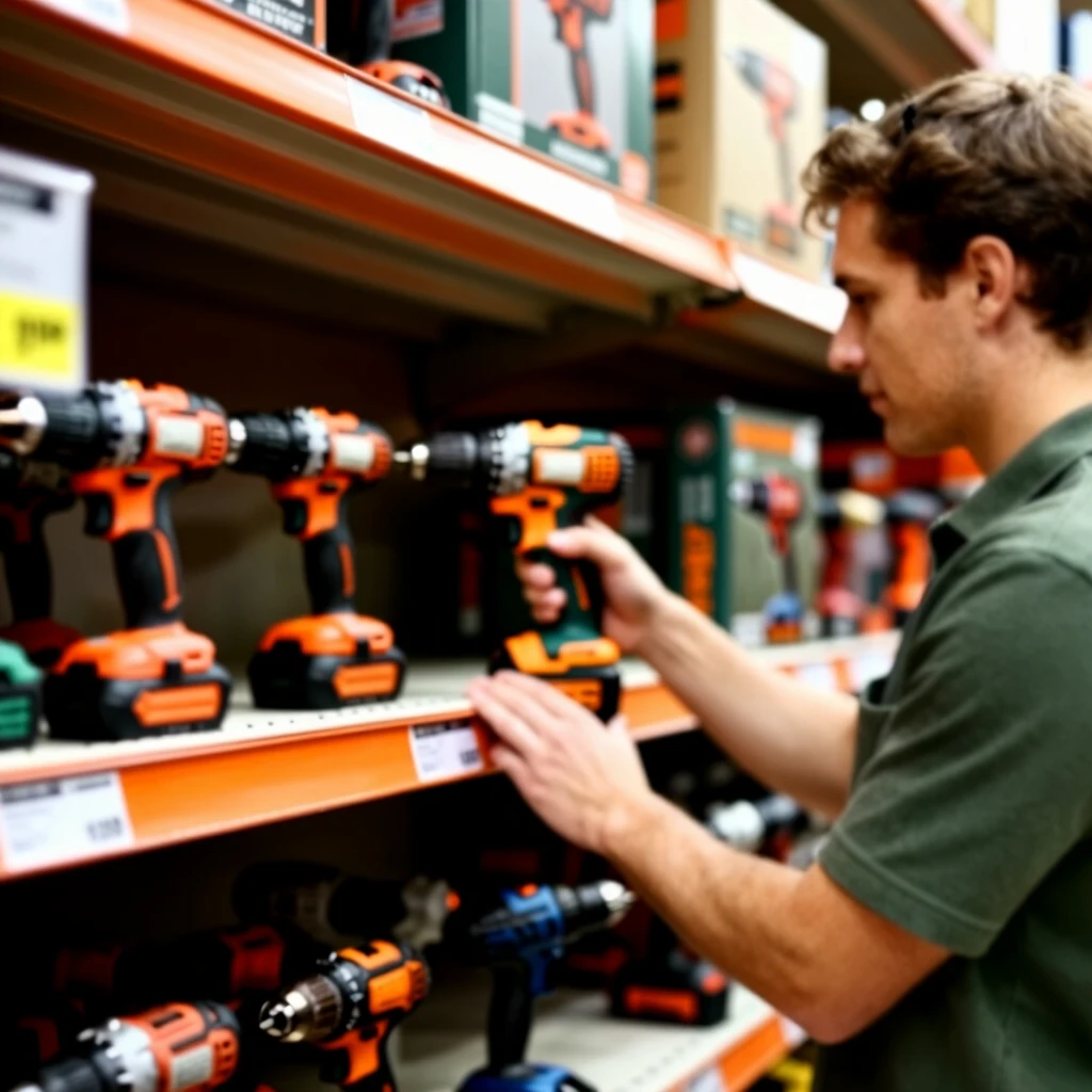 Shopper selecting power drills in Home Depot aisle