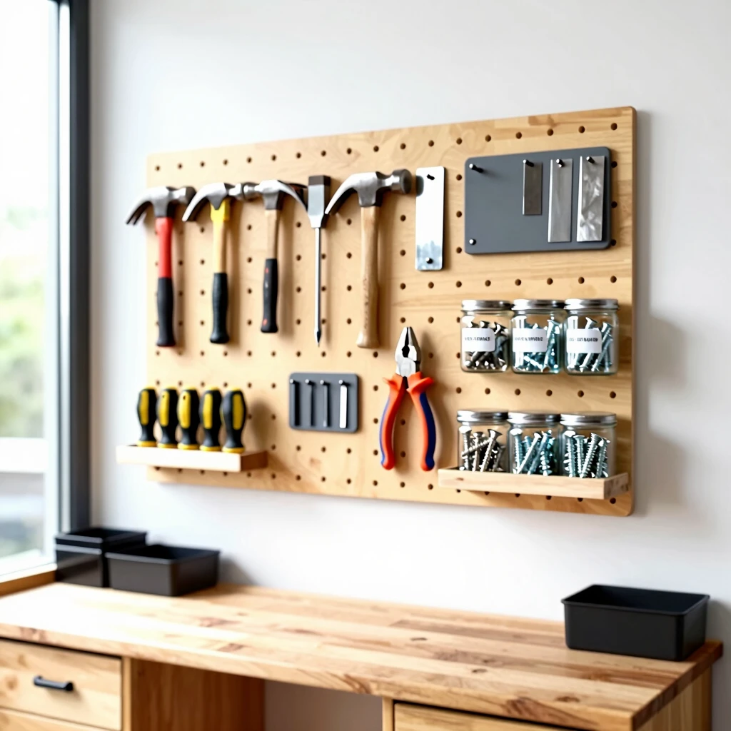 Organized workshop wall with pegboard and tool storage