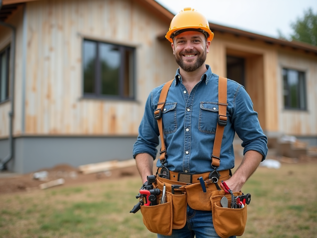 Contractor with a tool belt full of quality tools, standing in front of a finished project.