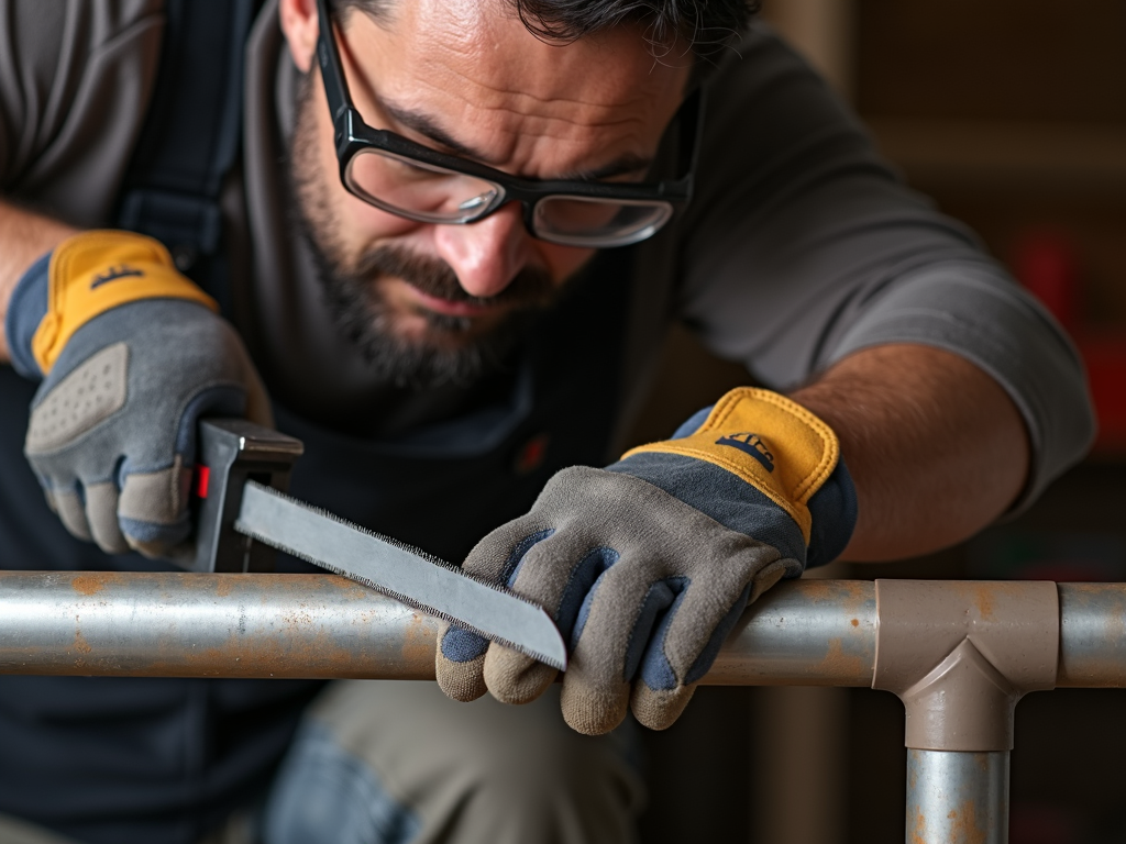 A craftsman cutting a metal pipe with a hacksaw