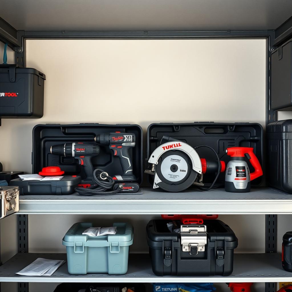 Organized garage shelf with power tools in protective cases
