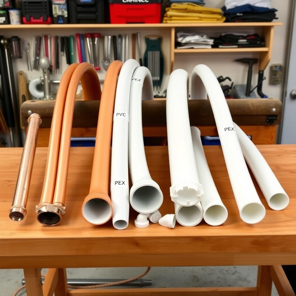 Copper, PVC, and PEX pipes with fittings on a workbench in a garage workshop.