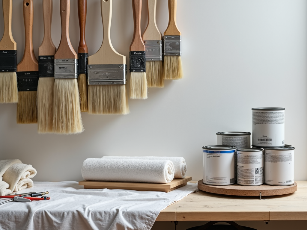 Painter’s organized workspace with brush rack, roller container, and paint cans