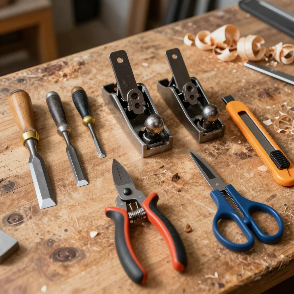 Sharpened hand tools laid out on a wooden workbench