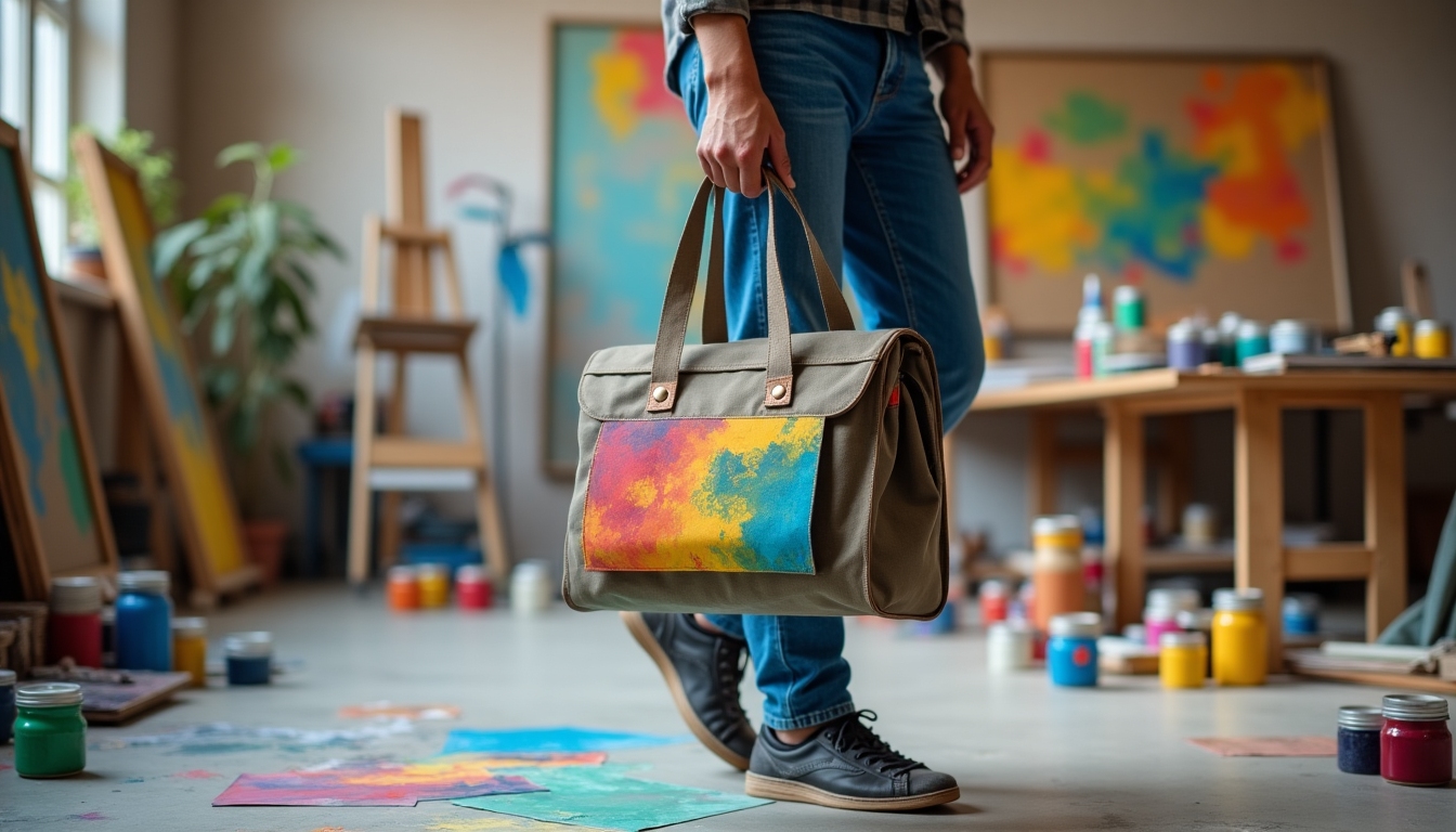 Painter carrying a portable toolkit across a room filled with paint supplies.