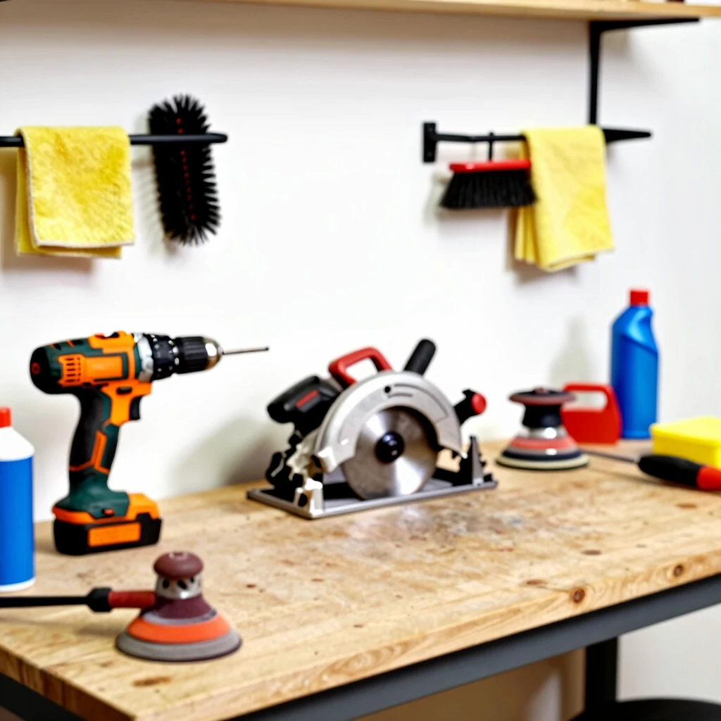 Clean and organized home workshop with neatly arranged power tools and maintenance supplies