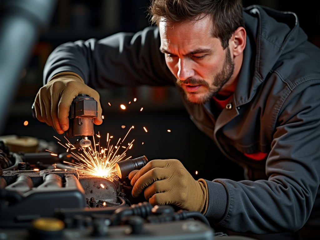 A mechanic using an impact wrench to tackle a tough bolt during an automotive repair.