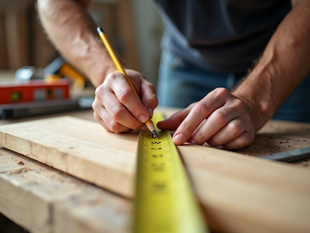 Worker measuring lumber with a tape measure